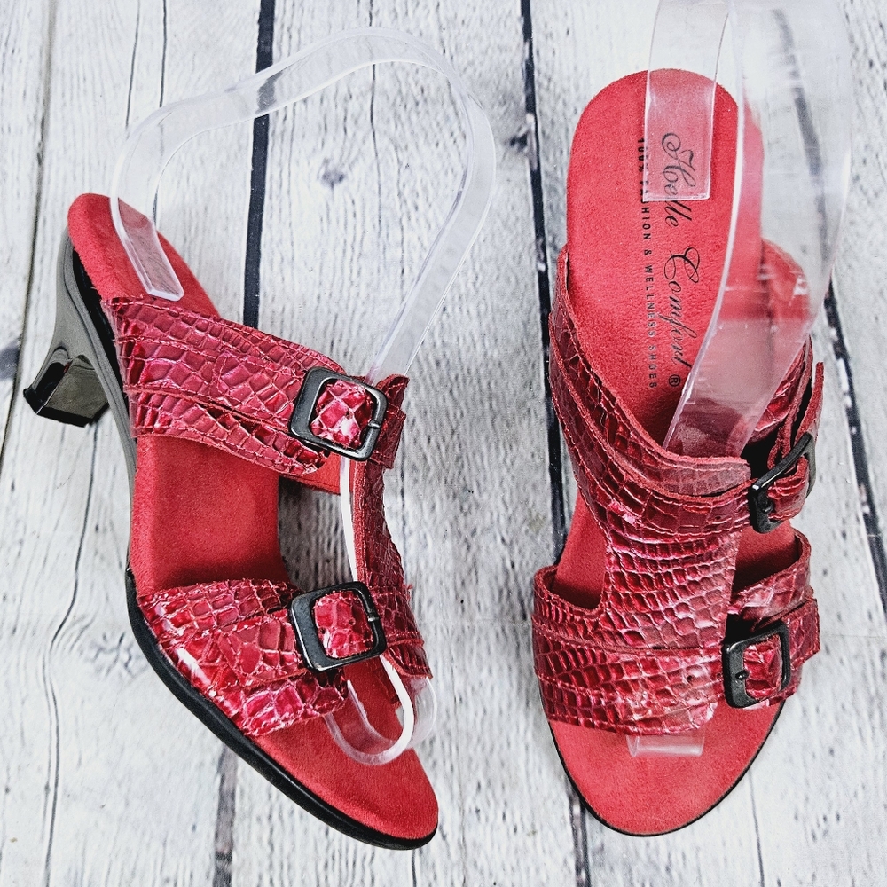 HELLE COMFORT | snake reptile print leather  open toe comfort heeled sandals
